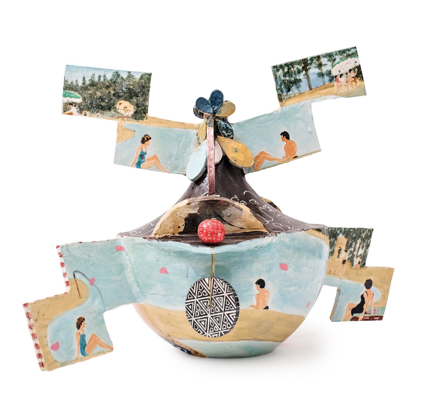 Colorful abstract ceramic sculpture with painted beach scenes and a geometric pattern on a spherical surface.