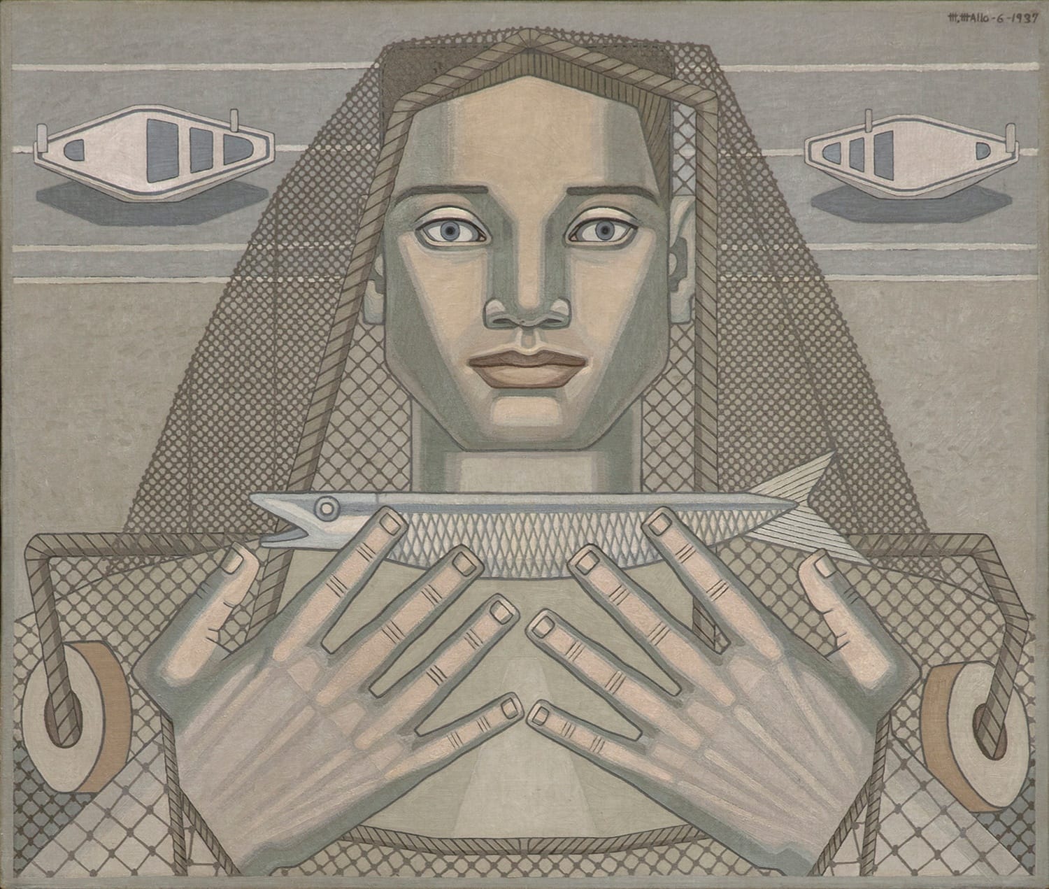 Art Deco style painting of a person holding a fish with two stylized boats in the background and intricate geometric patterns.