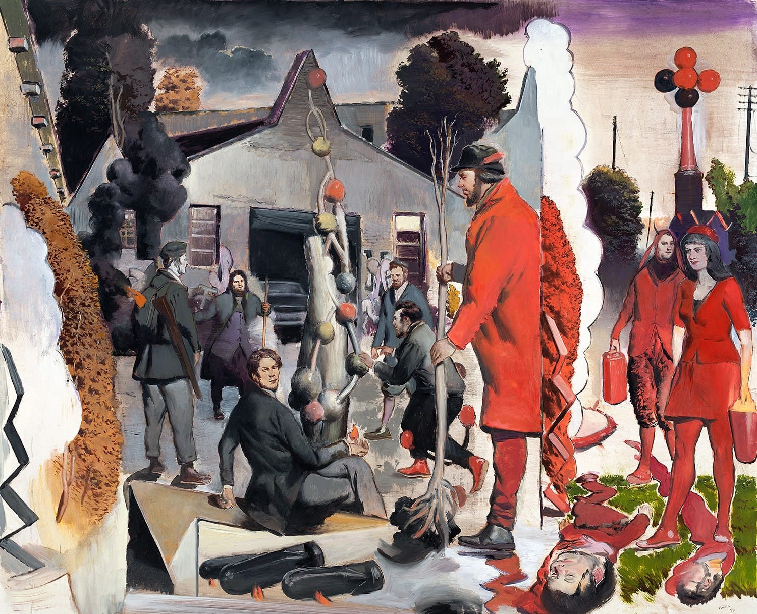 Surreal painting with figures in a divided scene, one side industrial and the other festive, showing contrasting activities.