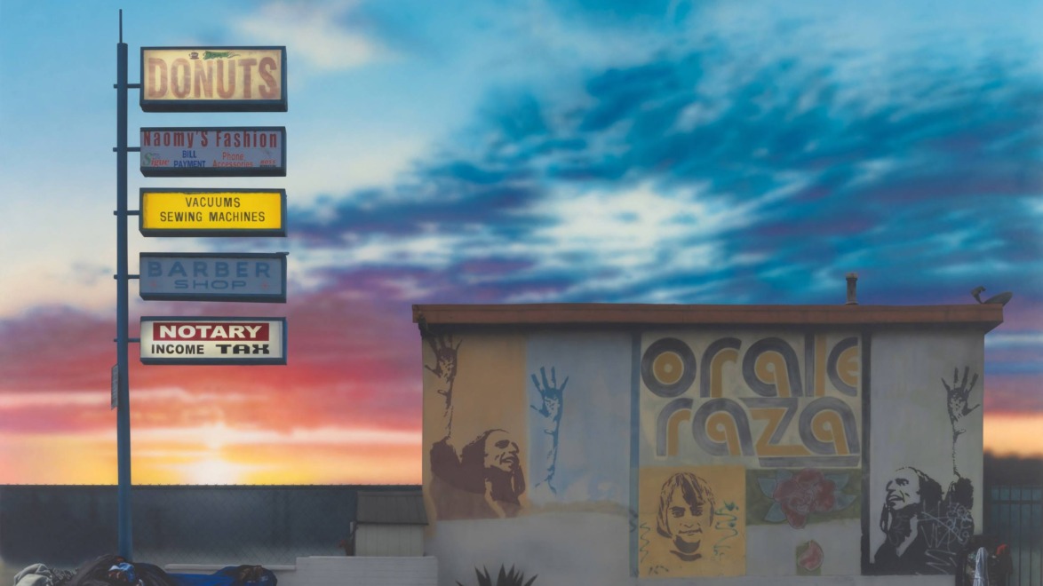 A nostalgic storefront scene with a colorful sunset, featuring vintage signage for donuts, fashion, and a barber shop.