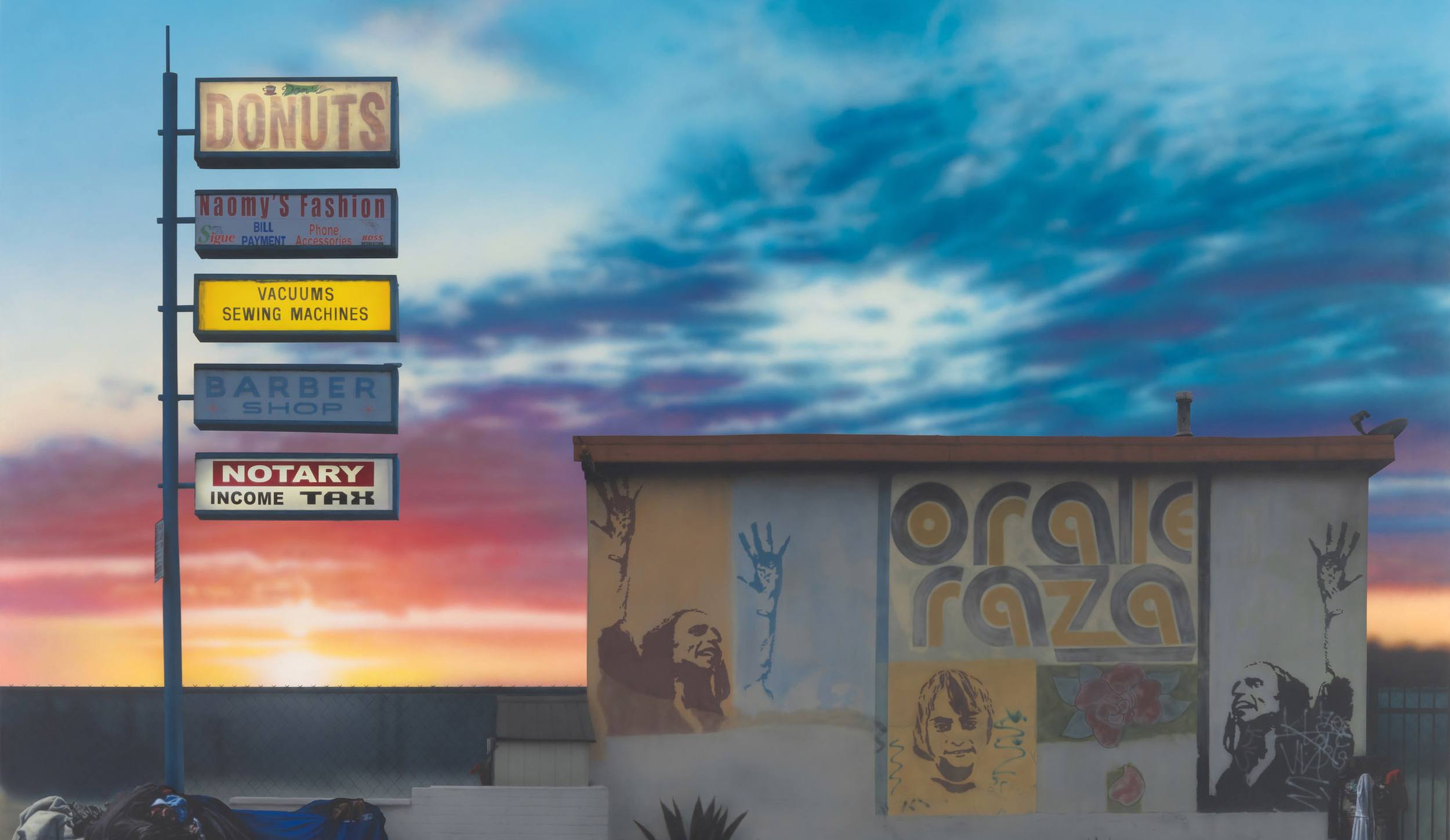 A nostalgic storefront scene with a colorful sunset, featuring vintage signage for donuts, fashion, and a barber shop.