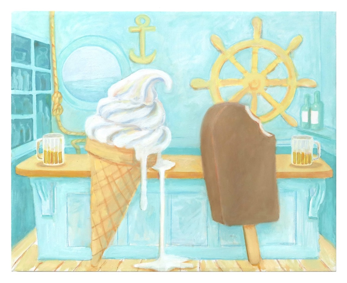 Ice cream cone and chocolate bar with a nautical theme, featuring a ship wheel, anchors, and mugs on a bar counter.