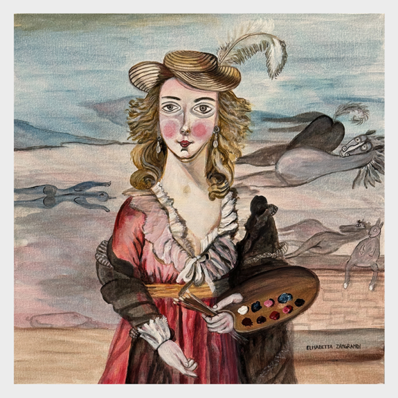 Surreal portrait of a woman artist in historical dress, holding a paint palette, with a surreal landscape in background.