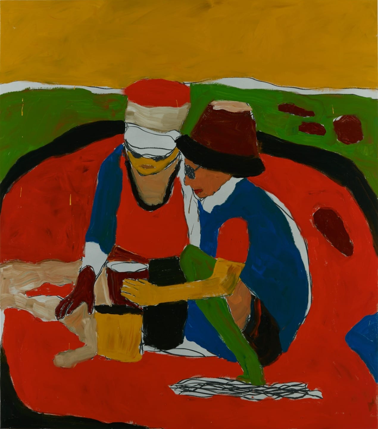 Two people sitting on a red surface, engaged in an activity, with a yellow and green background.