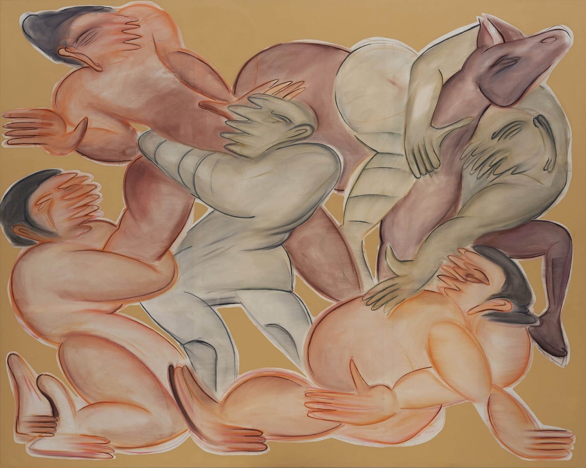 Abstract artwork featuring intertwined figures in earth tones against a tan background, conveying a sense of movement and emotion.
