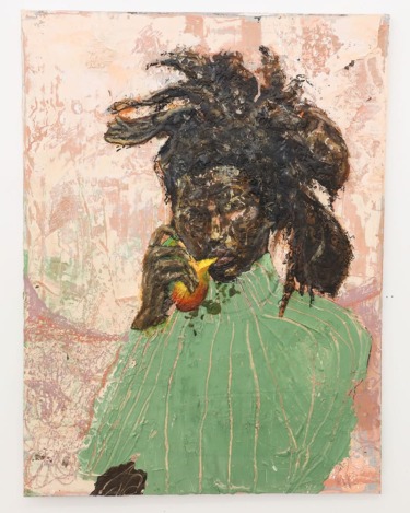 Portrait of a person with textured hair eating a piece of fruit, wearing a green top, painted in an expressive style