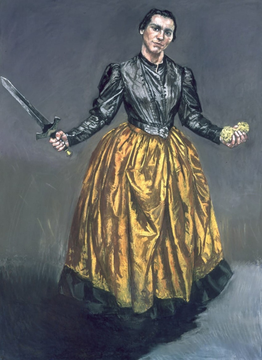 A person in an elegant historical dress holding a sword and a flower, standing against a muted gray background.