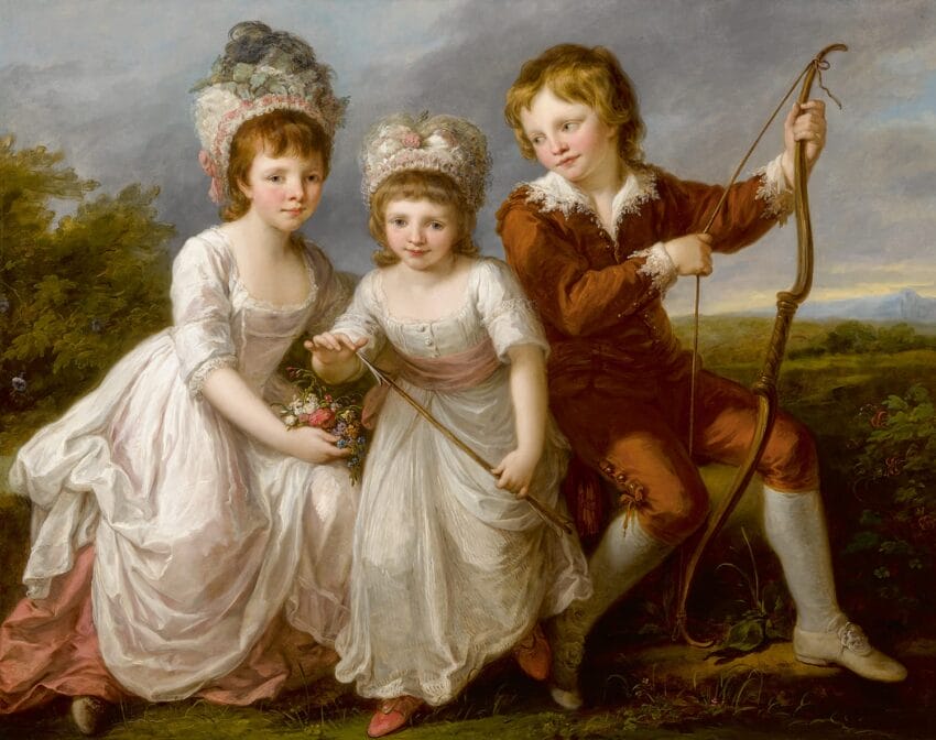 Painting of three children in 18th-century attire, two girls with floral headdresses and a boy holding a bow in a pastoral setting.