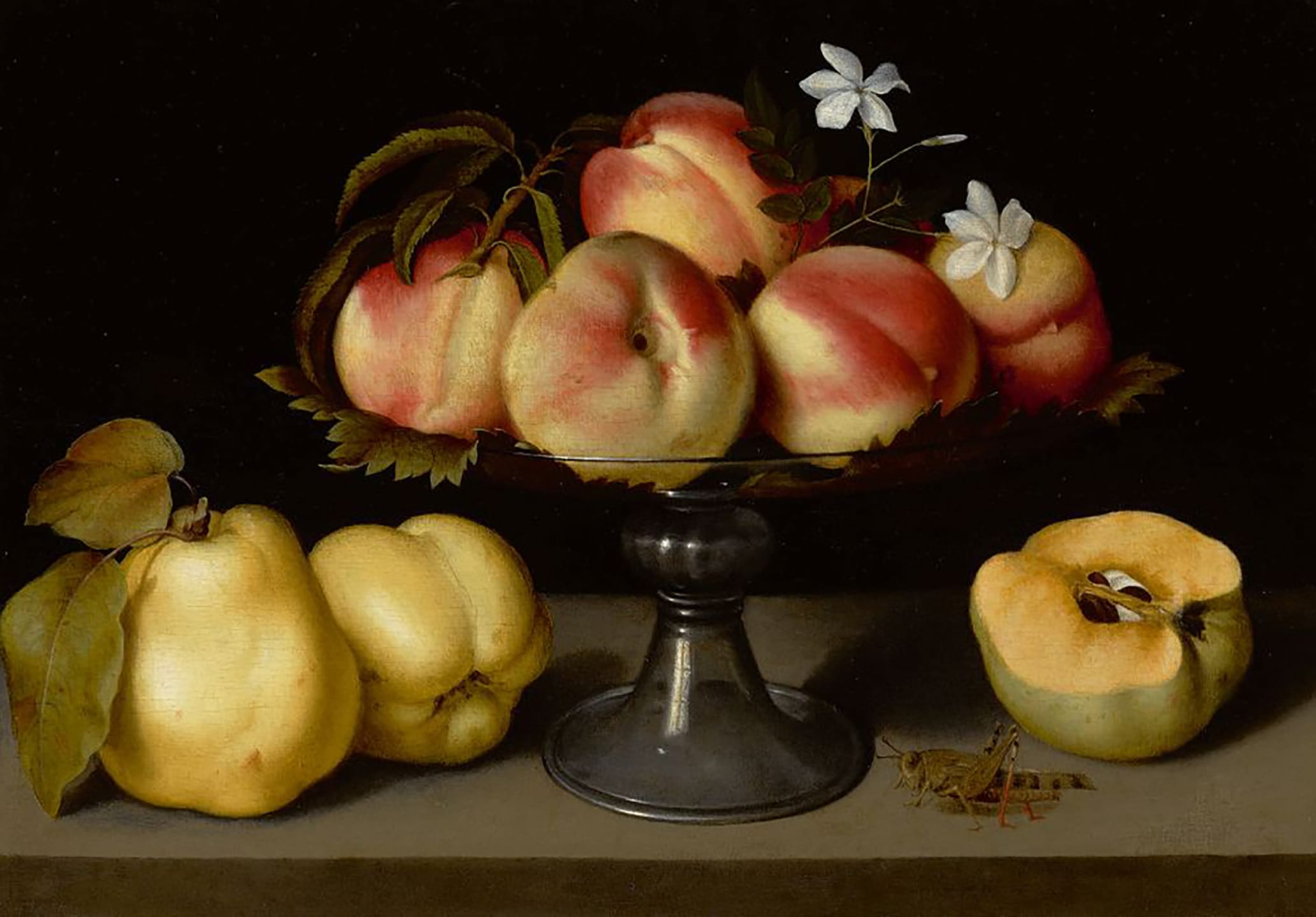 Still life painting of peaches, quince, and flowers on a metal stand with a grasshopper, against a dark background.