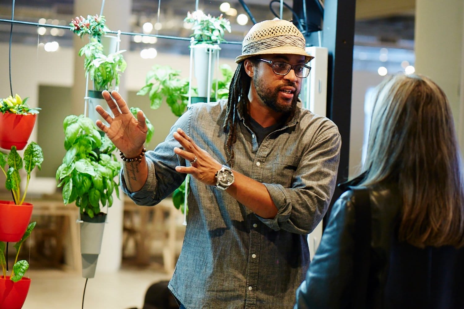Man explaining vertical garden setup indoors with hanging plants and woman listening attentively.