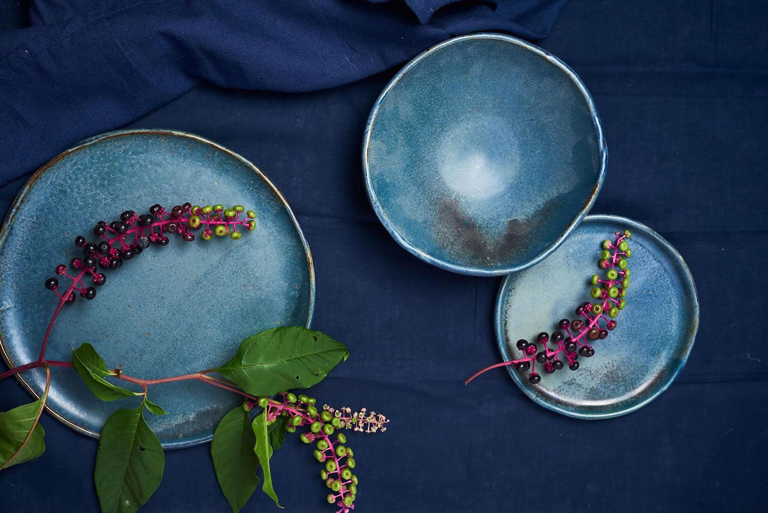 Blue ceramic plates with dark berries and green leaves on a deep blue fabric background.