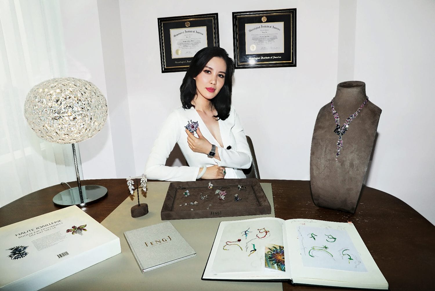 Person sitting at a desk with jewelry, awards on the wall, and open books.