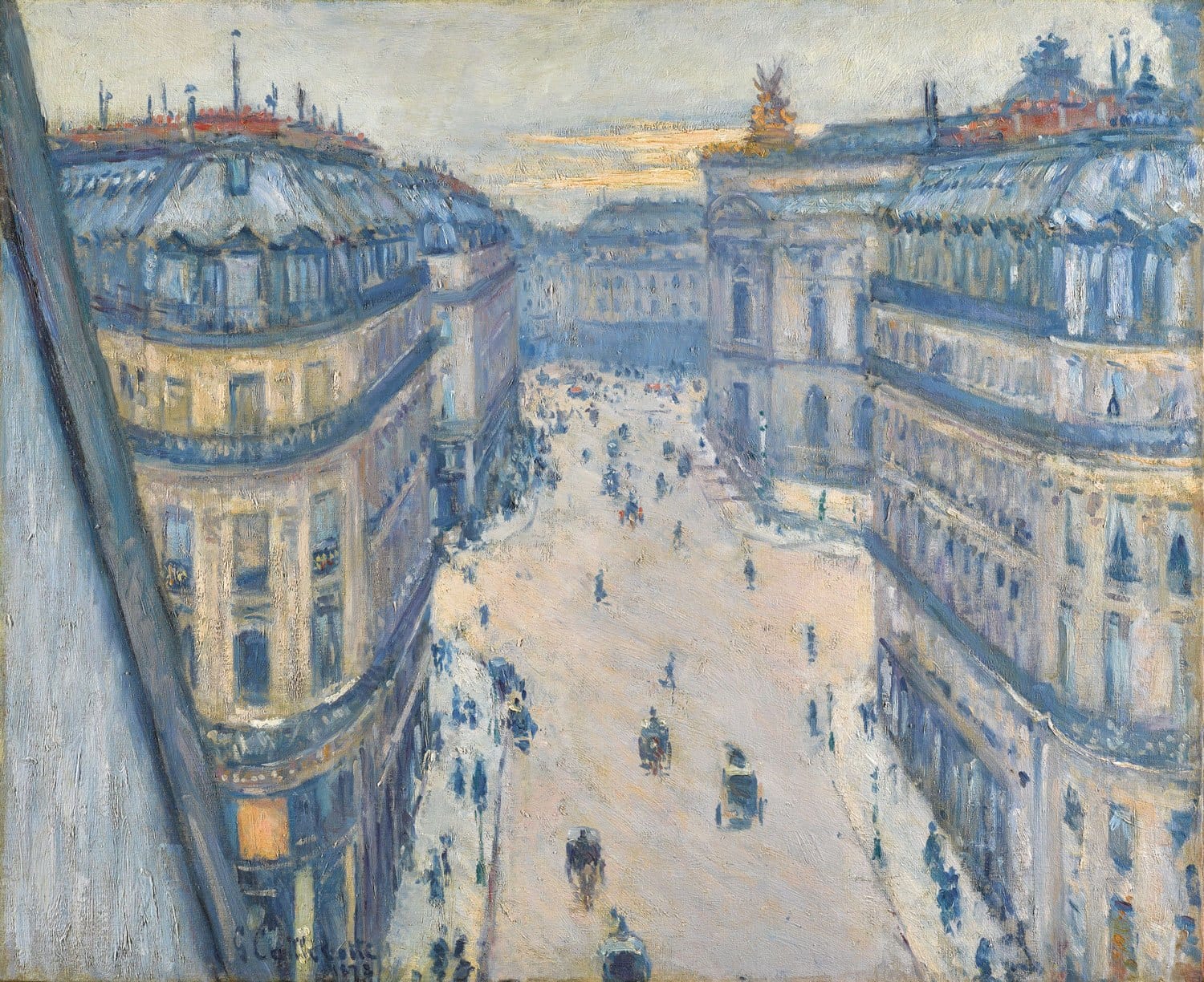 Aerial view of a bustling Paris street scene with carriages and pedestrians, painted in an Impressionist style.