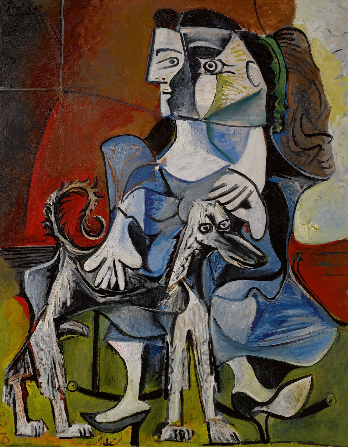 Cubist painting of a woman sitting with a dog, featuring abstract geometric shapes and bold colors