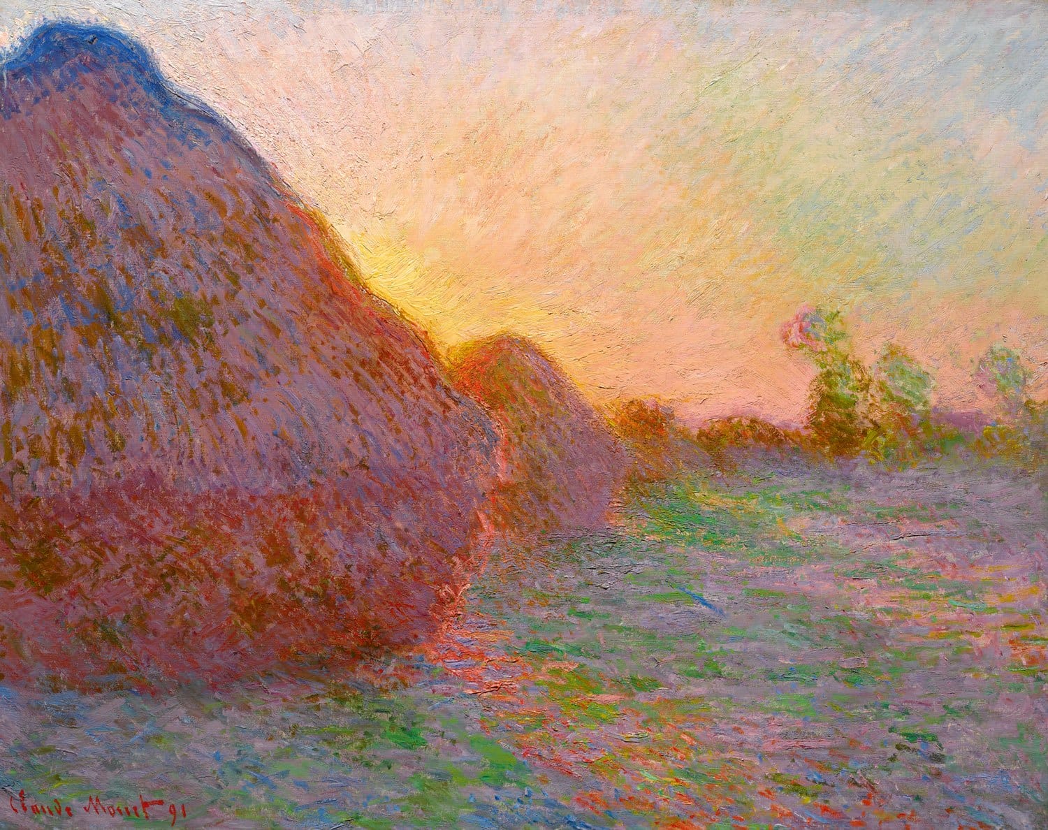 Impressionist painting of haystacks at sunset by Claude Monet, featuring vibrant colors and soft, textured brushstrokes.