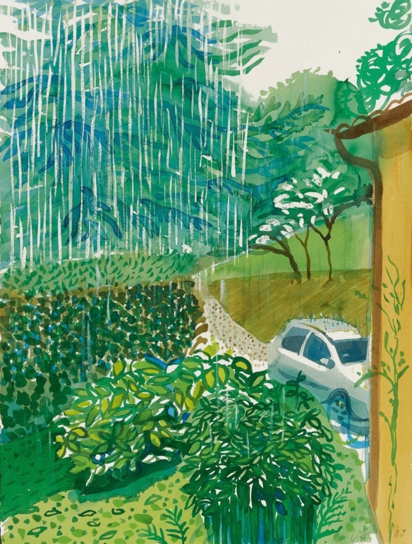 Illustration of a lush garden with heavy rain and a car parked on a driveway beside a building.