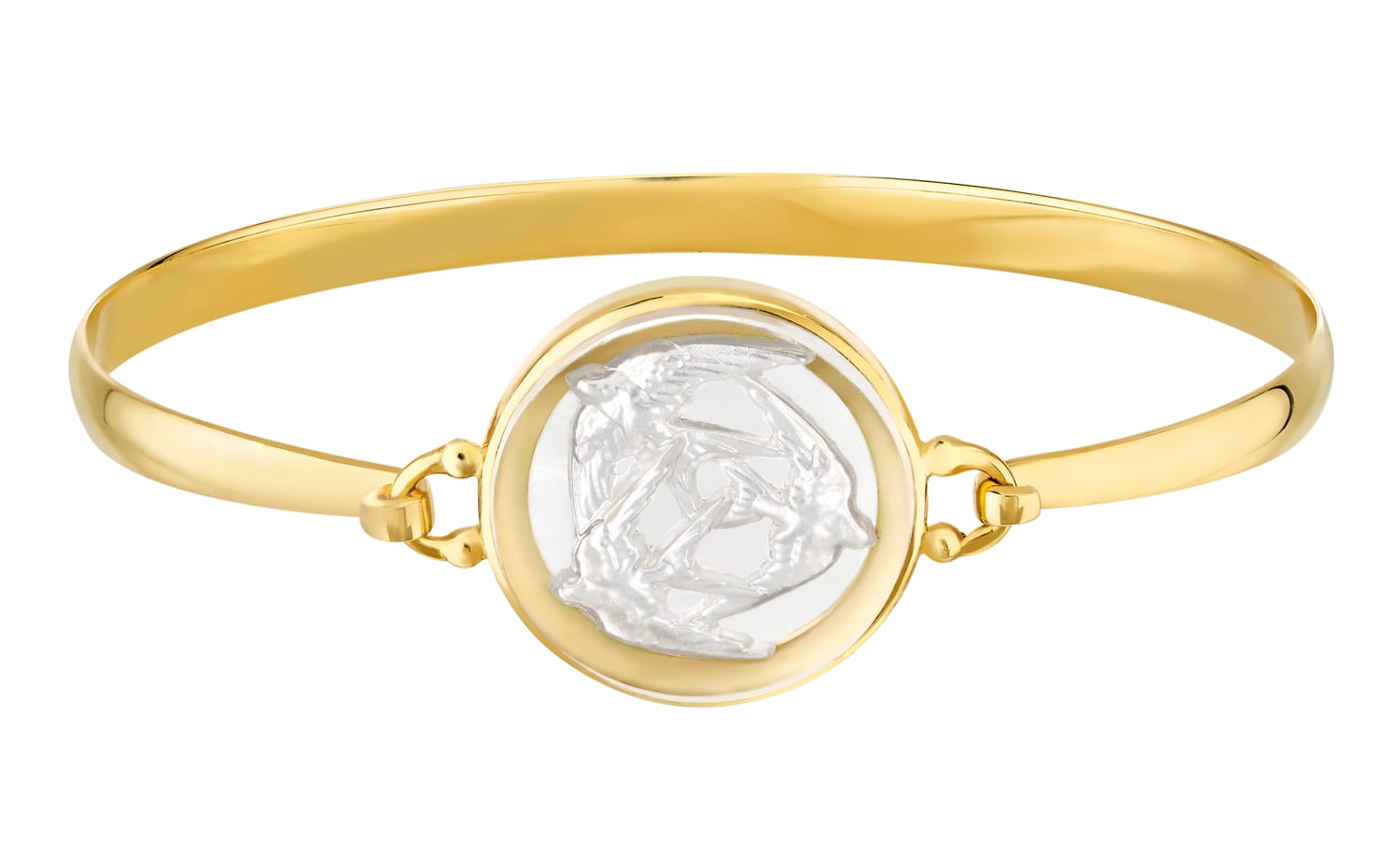 Gold bracelet with detailed round silver centerpiece depicting an intricate design, set against a white background.