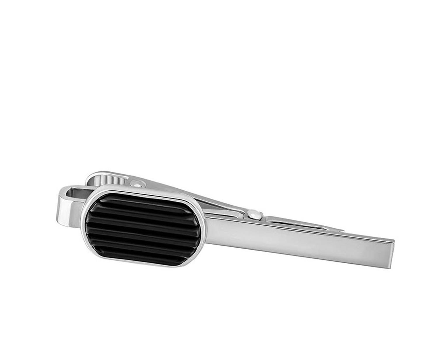 Silver tie clip with a black striped oval design, shown on a white background.