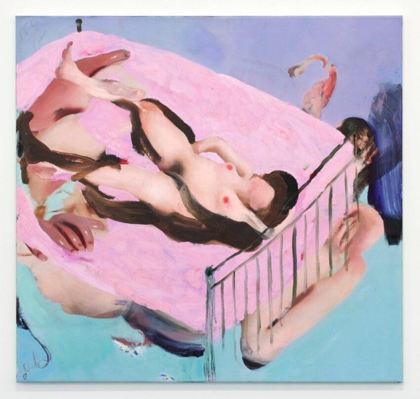 Abstract painting of figures on a pink surface with blue and pink tones, featuring bold brushstrokes and a dreamlike quality.