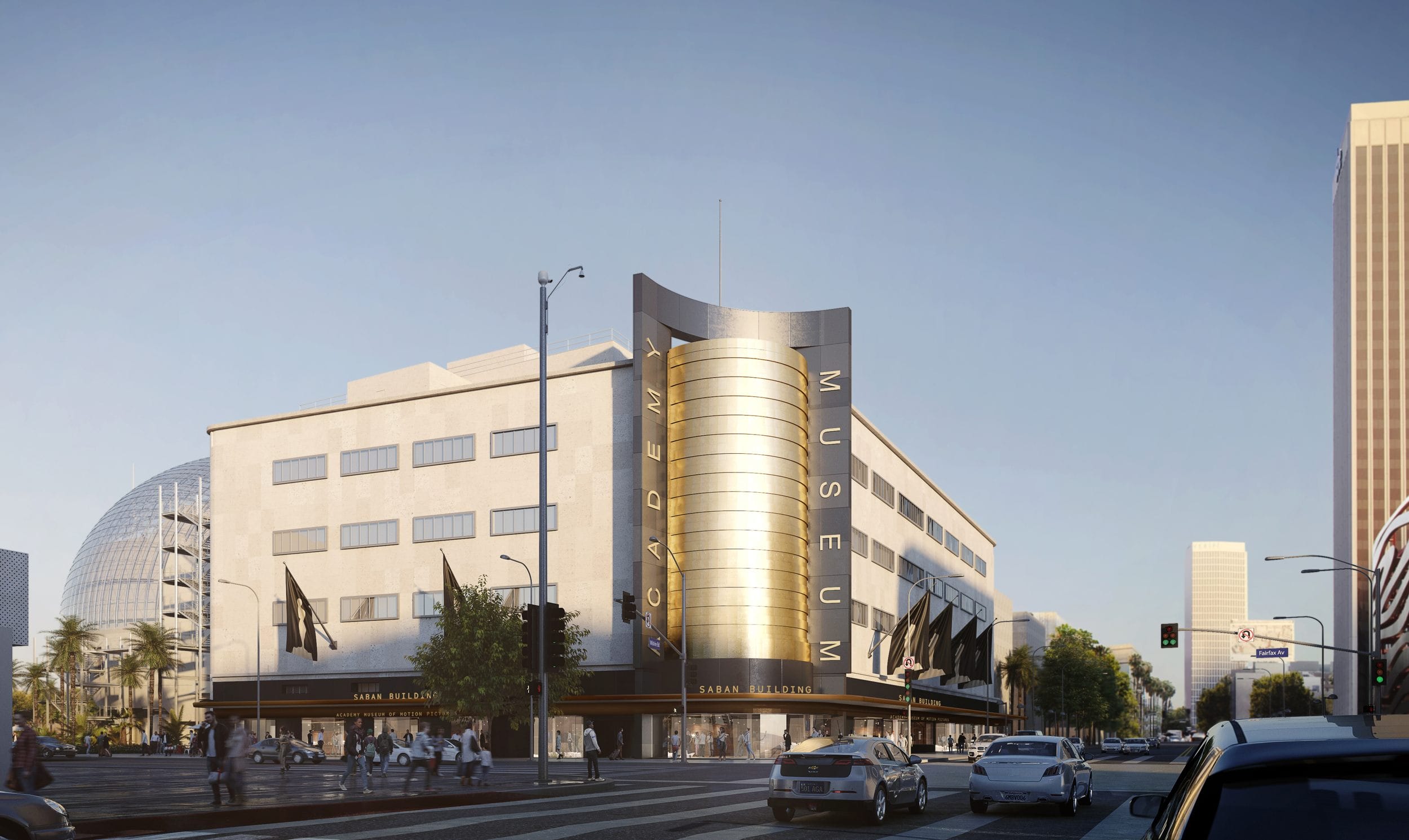 Exterior view of the Academy Museum of Motion Pictures with street traffic and pedestrians under a clear blue sky.