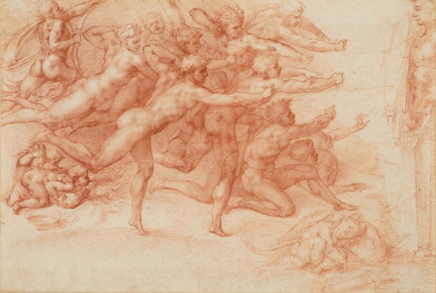 Renaissance-style drawing depicting a group of figures in dynamic poses, showcasing movement and emotion.