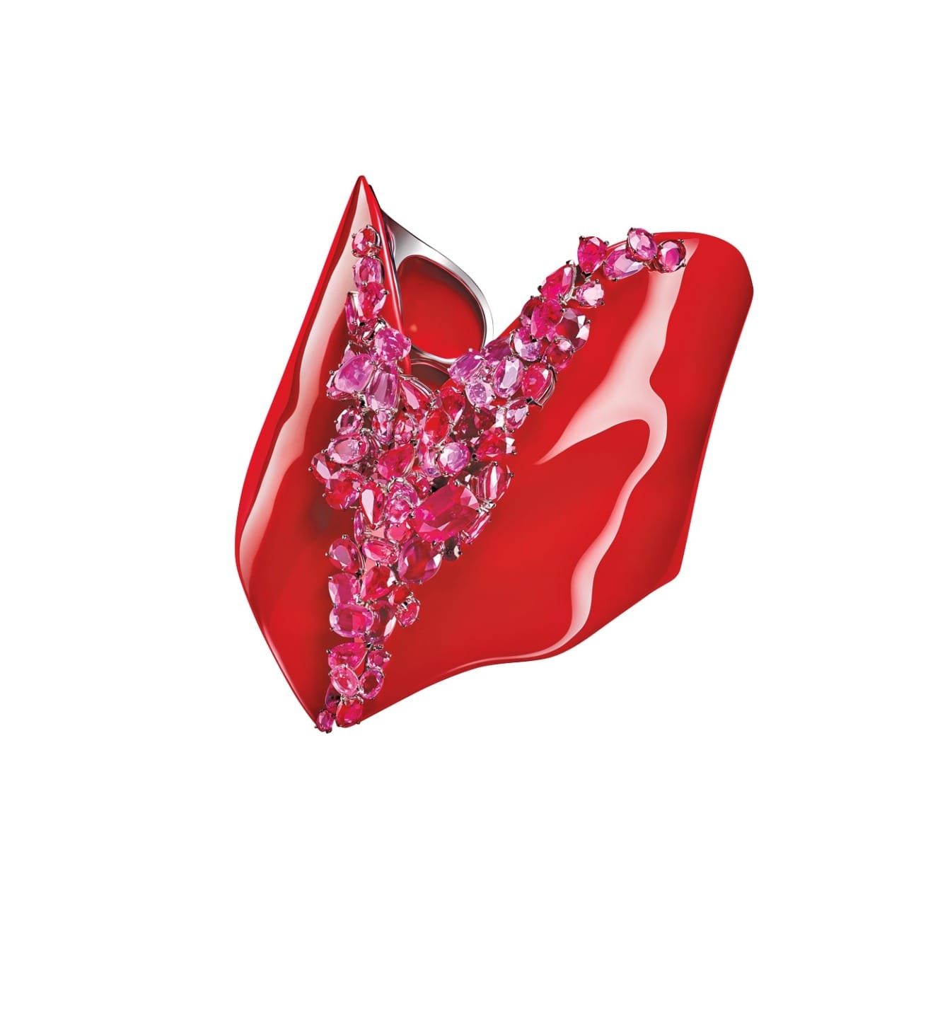 Red angular ring adorned with scattered pink gemstones on a white background.