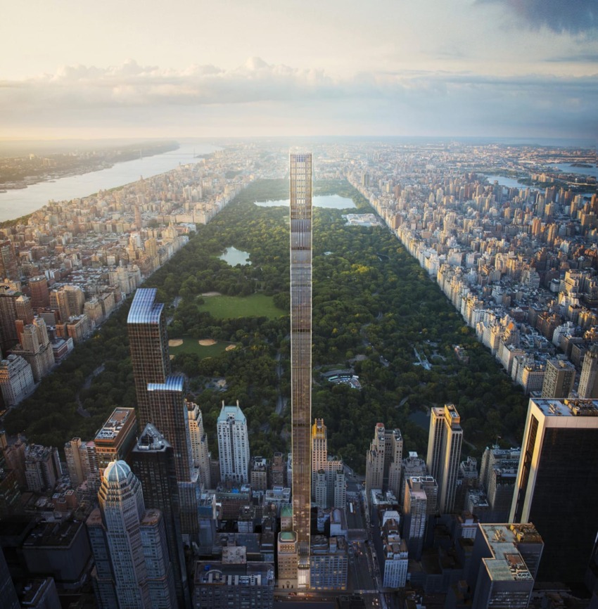 Aerial view of Central Park and surrounding skyscrapers at sunset, highlighting the slender, tall building in the center.