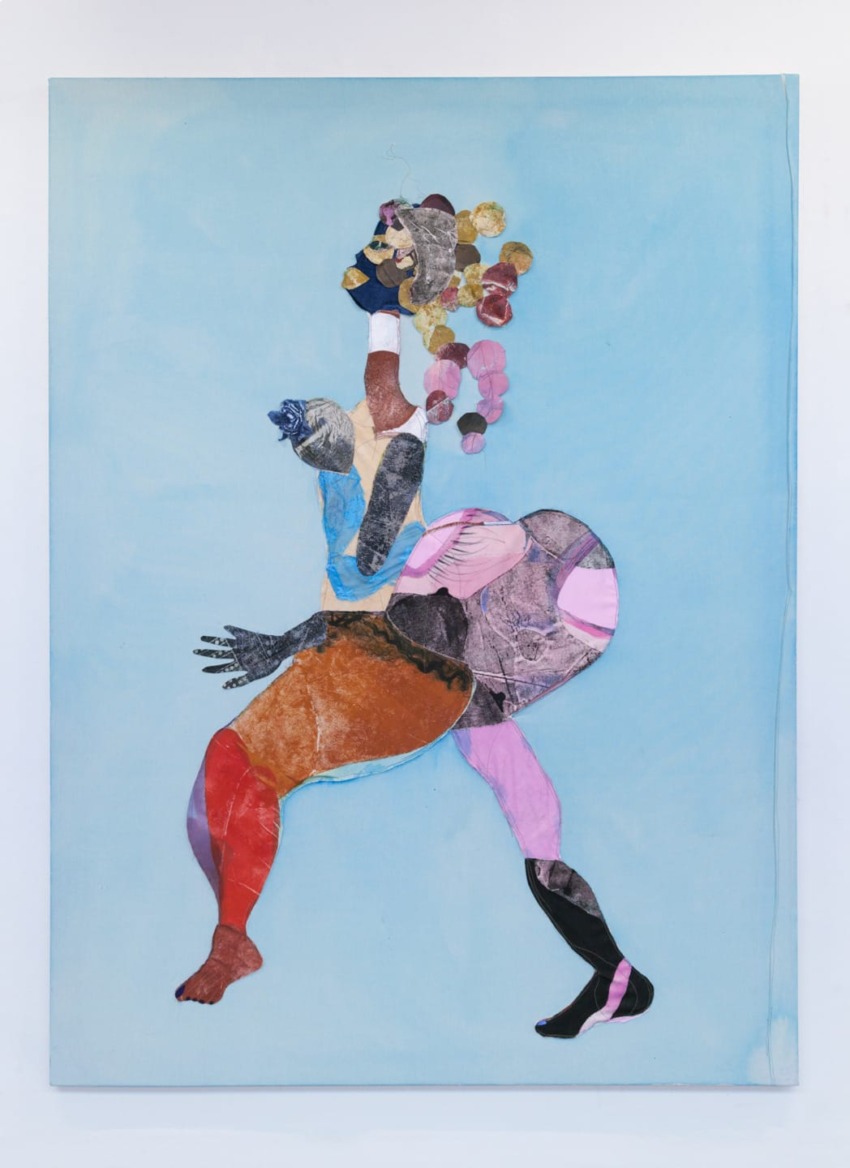 Collage artwork of a figure in colorful abstract shapes against a light blue background.