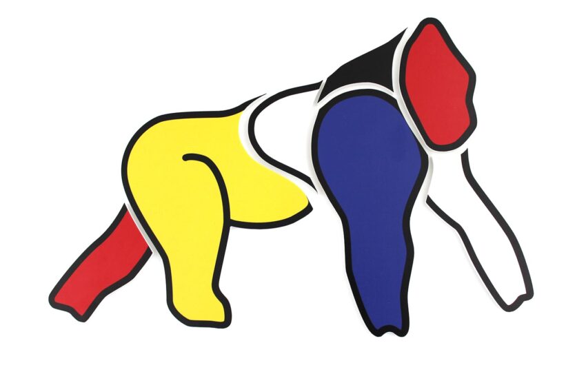 Abstract art depicting a dog in bright colors: yellow, red, blue, and black outlines on a white background.