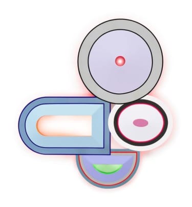 Abstract geometric design with colorful overlapping shapes and circles on a white background.