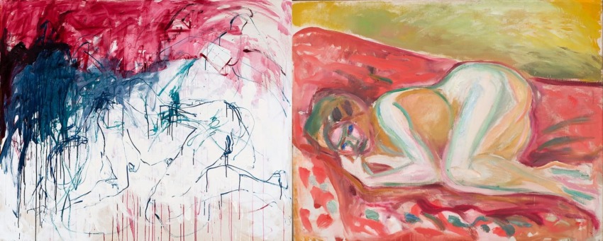 Abstract painting featuring a vivid composition with two contrasting sections, including bold colors and expressive brushstrokes.