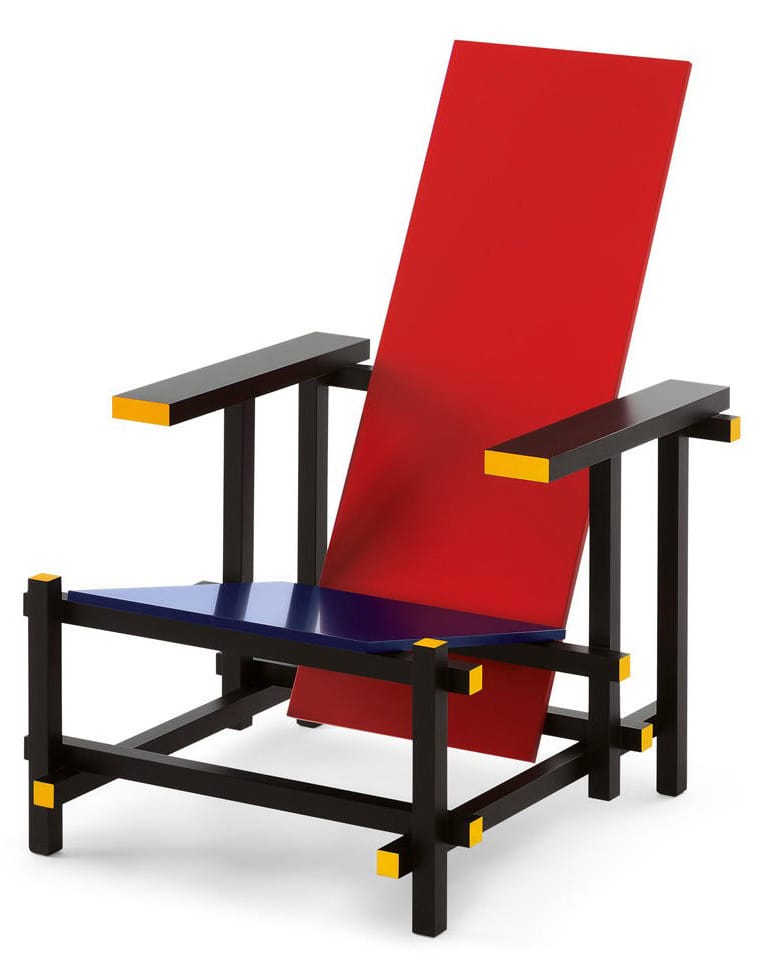 Red and blue modern chair with black and yellow frame designed in a geometric style.