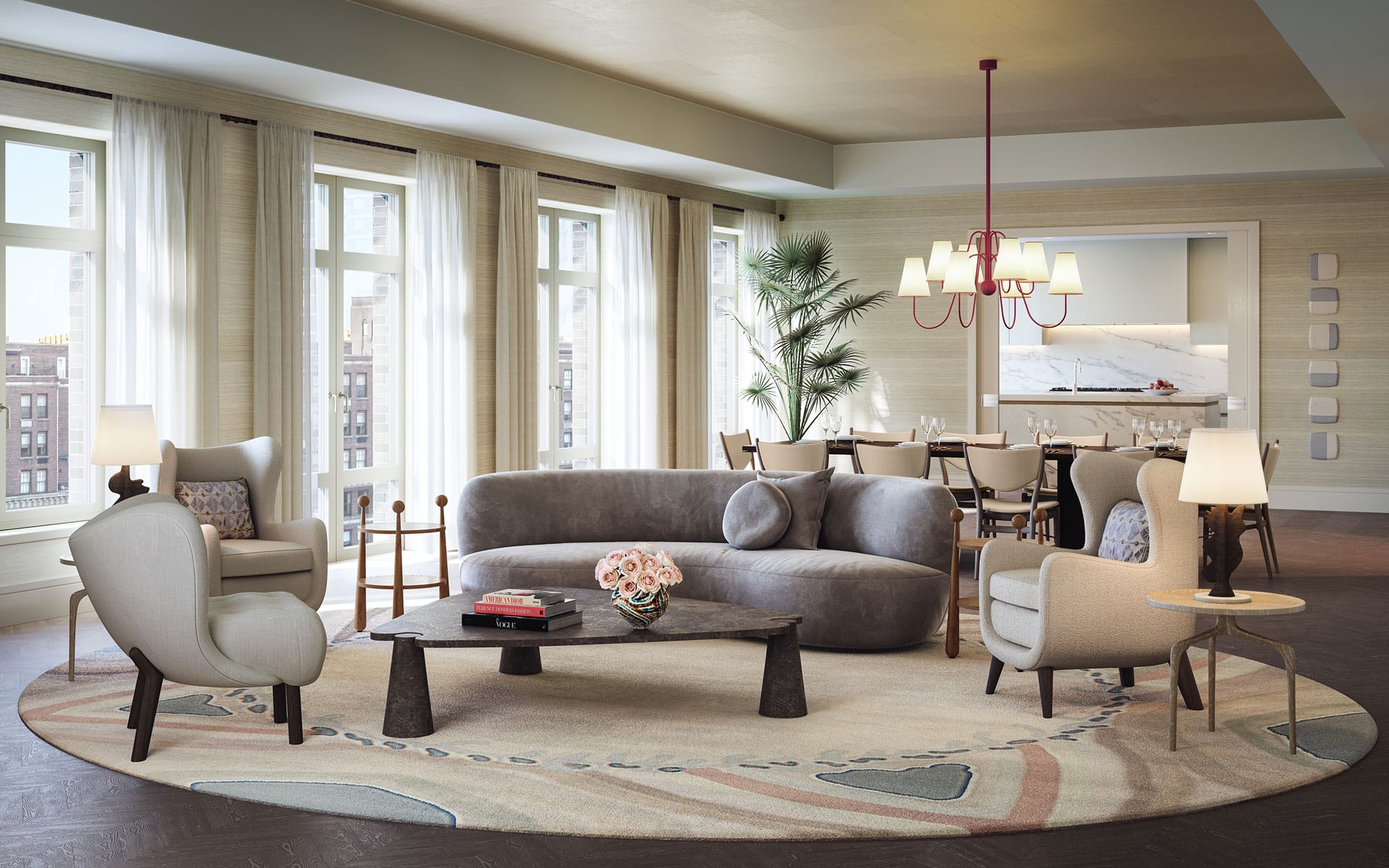 Modern living room with elegant furniture, large windows, round rug, and cozy seating area with soft lighting.