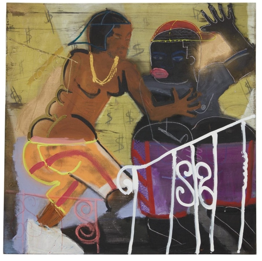 Abstract painting with two figures embracing, one with a colorful outfit and the other in darker tones, set against a dynamic background.