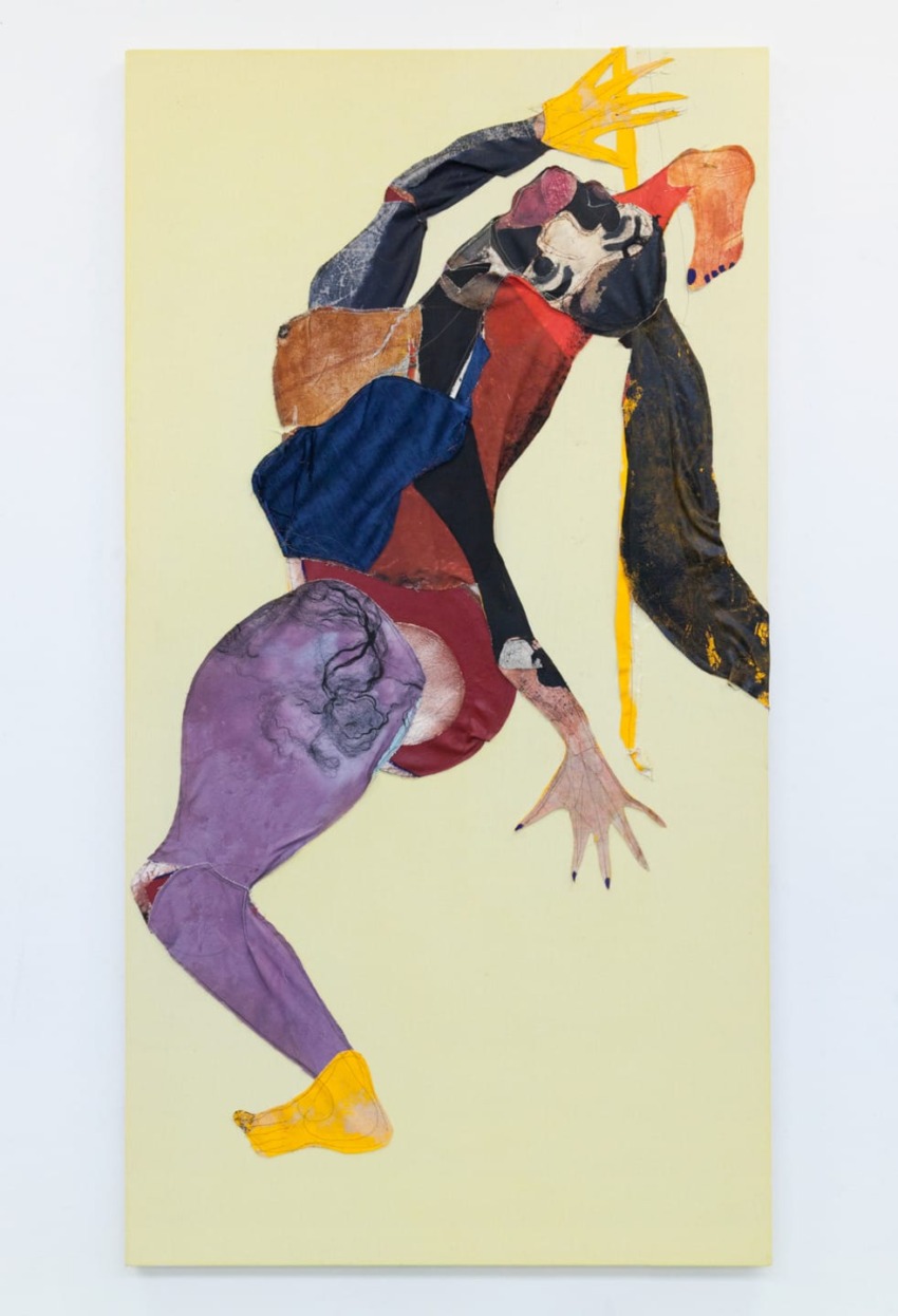 Abstract art collage of a figure in motion, featuring vibrant colors and dynamic shapes on a neutral background.