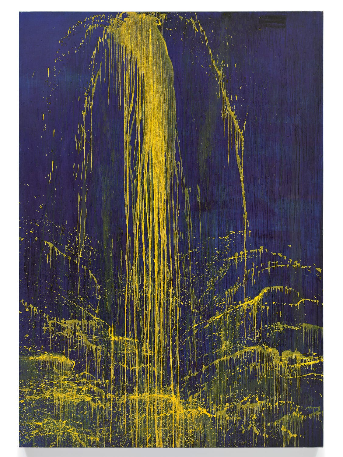 Abstract painting with vibrant yellow paint splatters cascading over a deep blue background, creating a dynamic visual contrast.