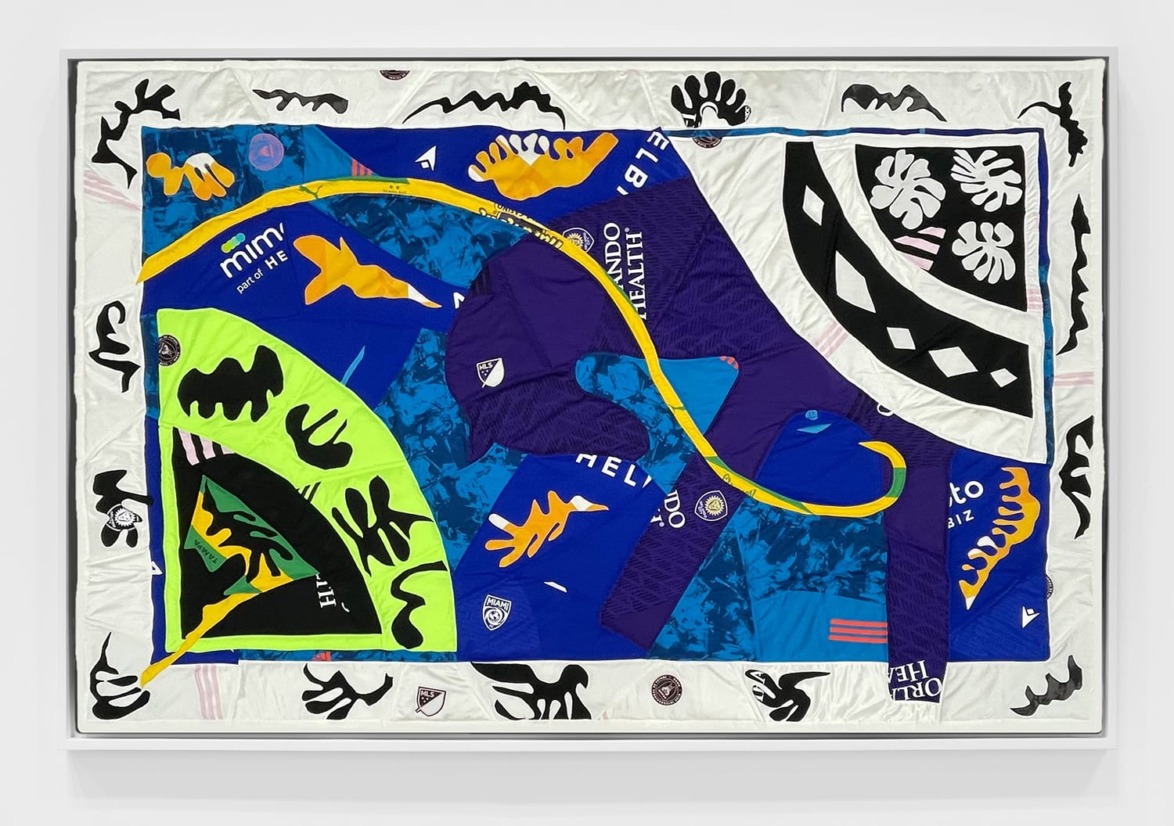 Colorful abstract artwork with blue, purple, and yellow shapes, featuring various patterns and bold design elements.