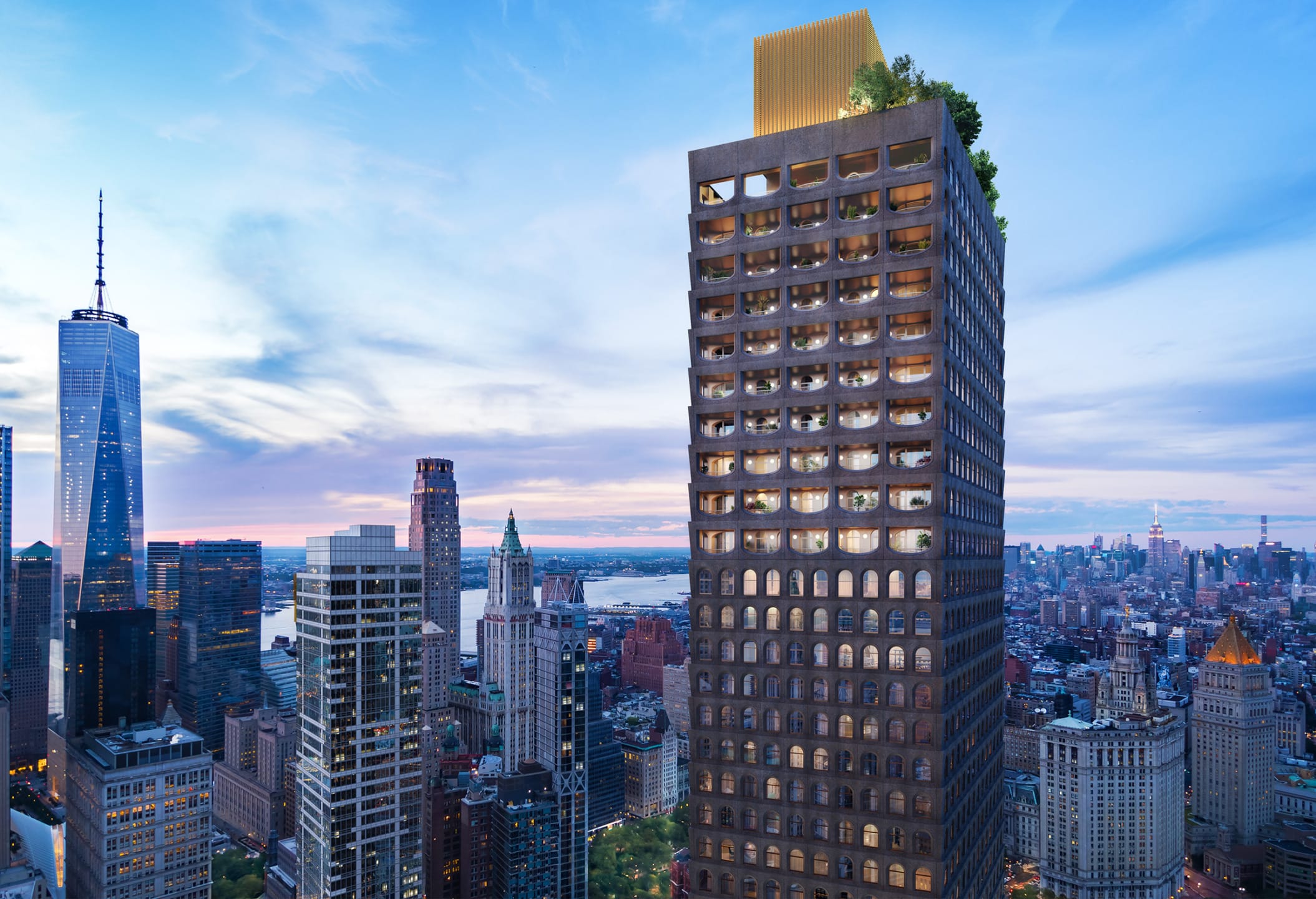 Skyscraper with rooftop greenery in city skyline at sunset, surrounded by other tall buildings and vibrant urban landscape