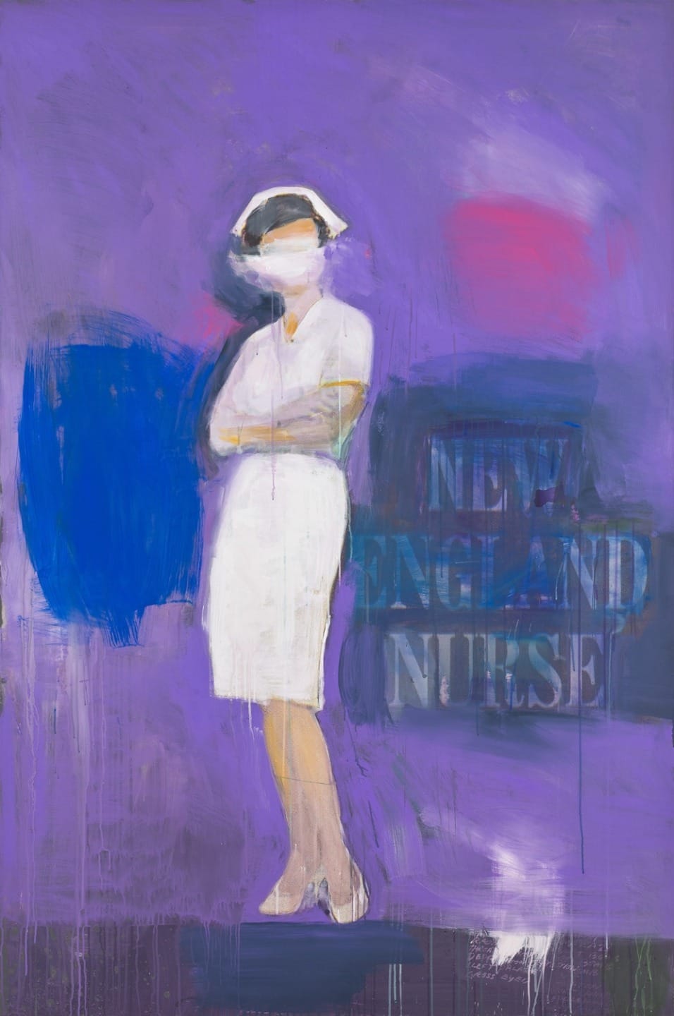 Painting of a nurse in a white uniform against a vibrant purple backdrop with text "New England Nurse" on the right.
