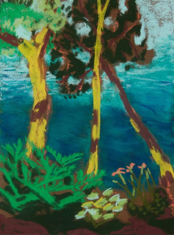 Colorful painting of trees by the seaside with vibrant greenery and a deep blue ocean in the background.