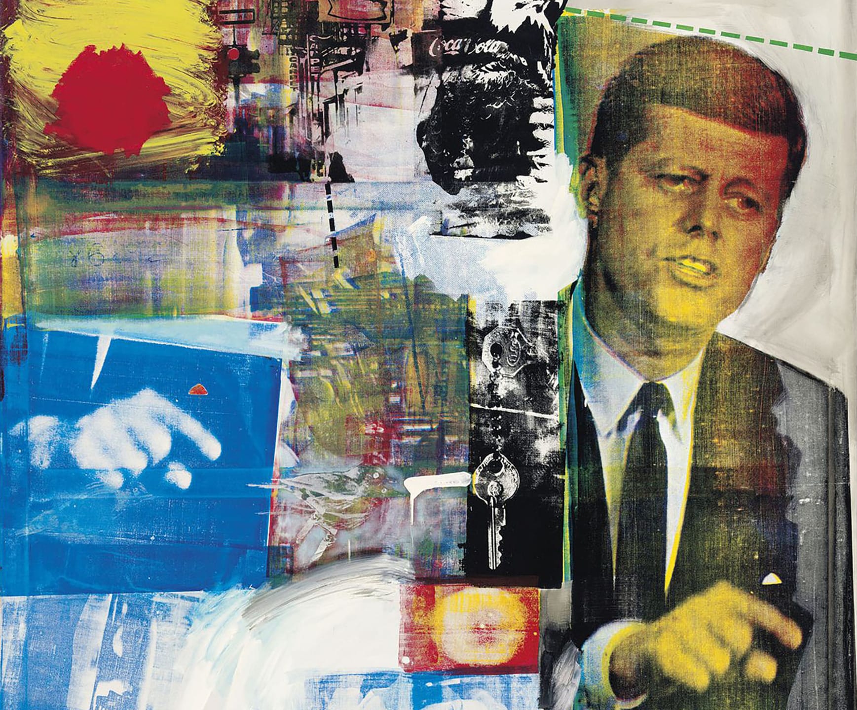 Abstract art collage featuring a prominent historical figure in a suit alongside vibrant and expressive paint strokes.