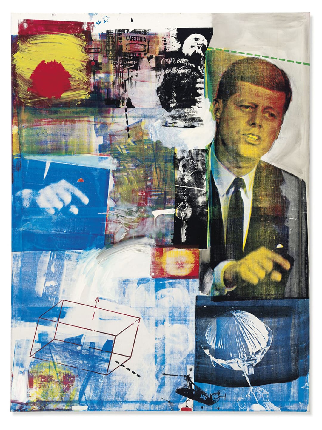 Collage artwork featuring abstract elements, vibrant colors, and a prominent figure in a suit.