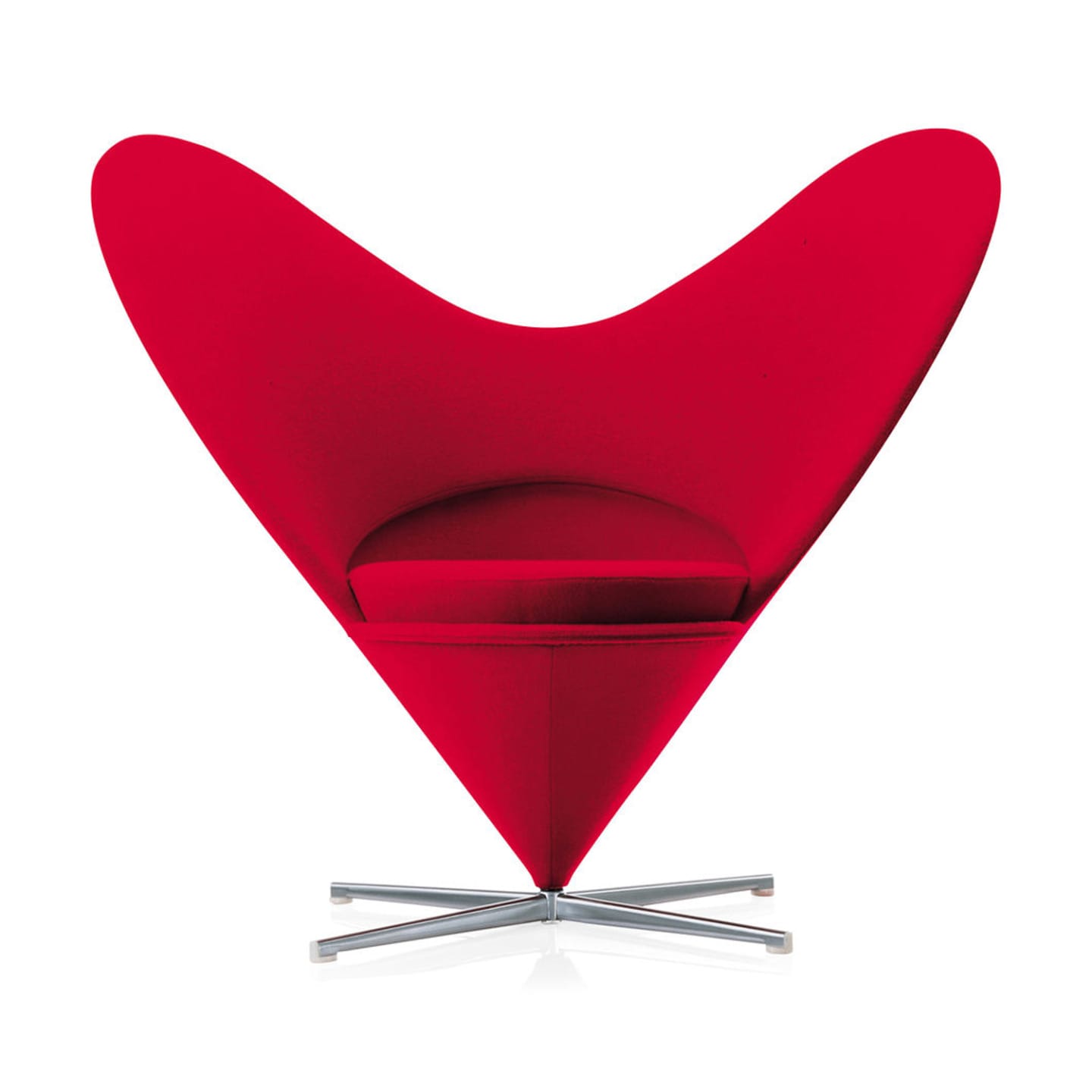 Red heart-shaped modern chair with silver swivel base, front view.