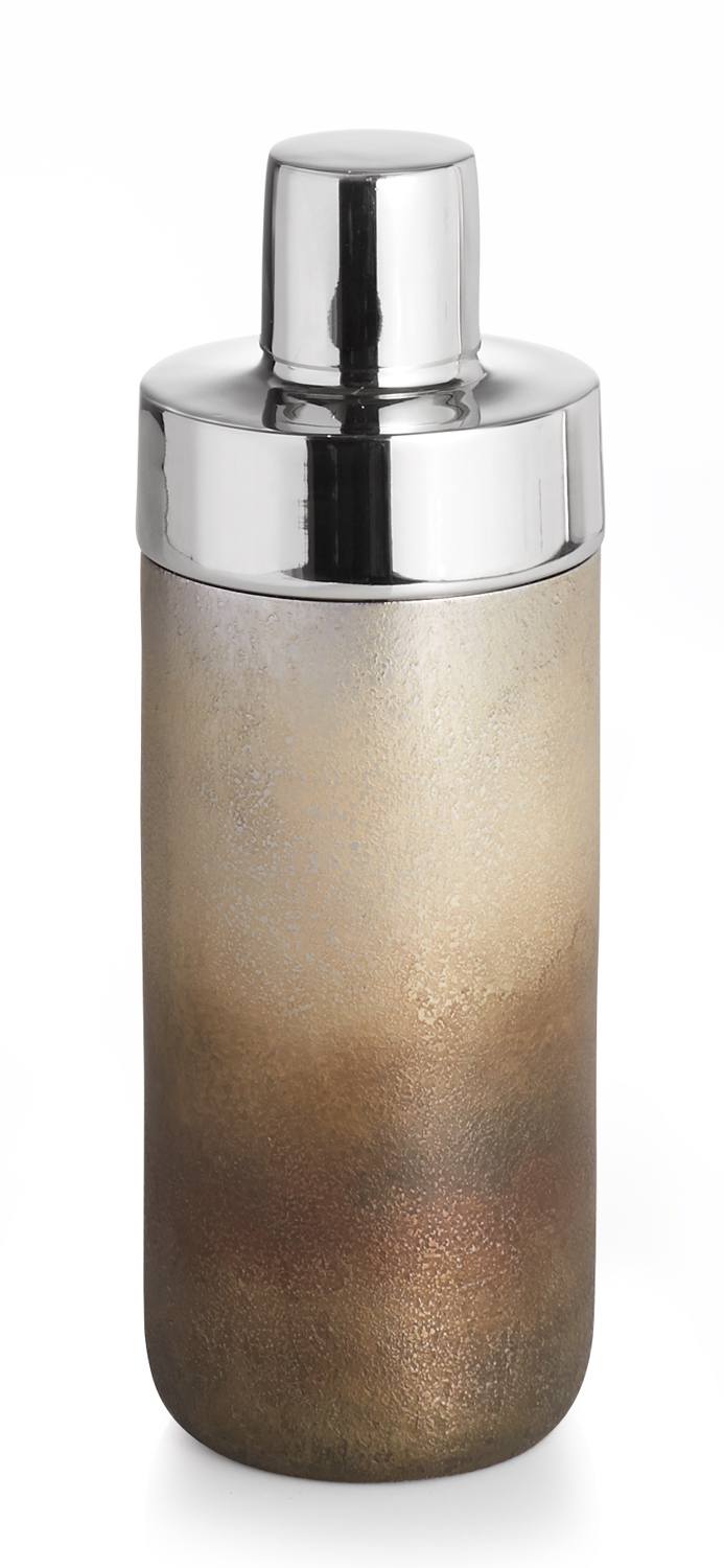 Metallic cocktail shaker with a silver lid and a textured, gradient finish in brown and gold tones.