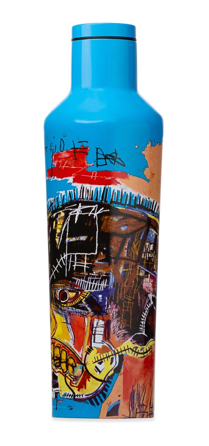 Blue bottle with abstract art design featuring bold colors and dynamic brush strokes.