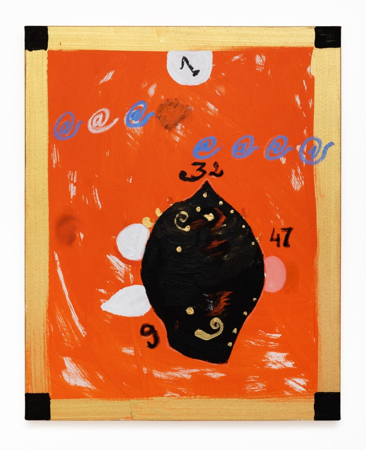 Abstract painting with orange background, black shape in center, numbers 3, 9, 47, and decorative swirls and dots.