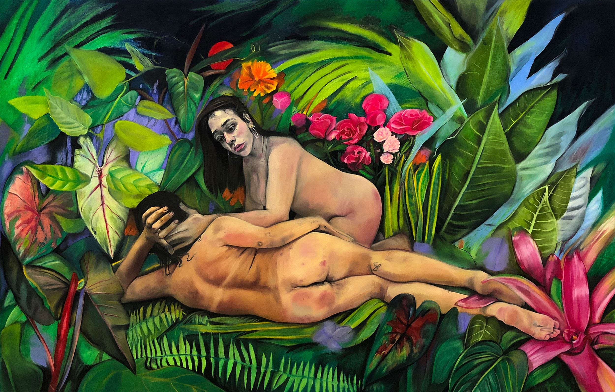 Two figures surrounded by vibrant, lush tropical foliage and colorful flowers.