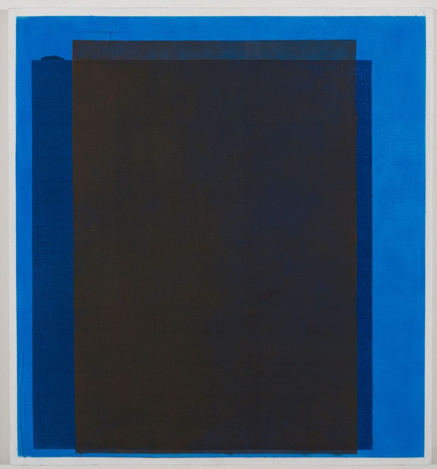 Abstract art piece with overlapping blue and black rectangles creating a layered geometric design.