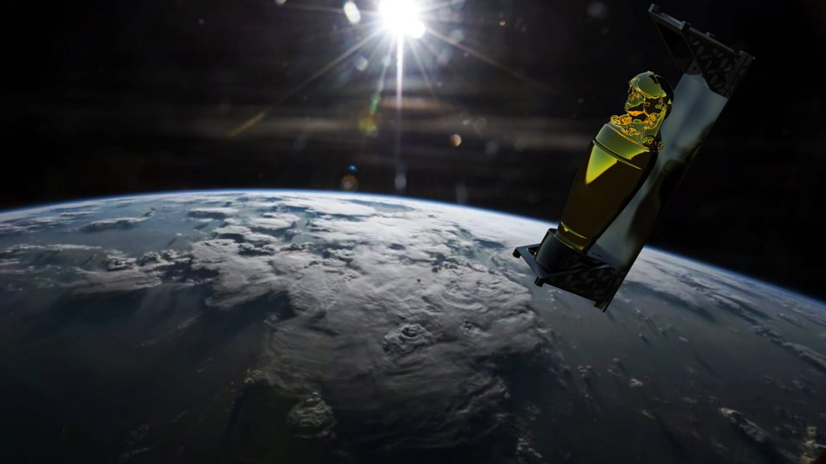 Satellite in orbit above Earth with the sun shining in the background, highlighting the planet's surface and clouds.