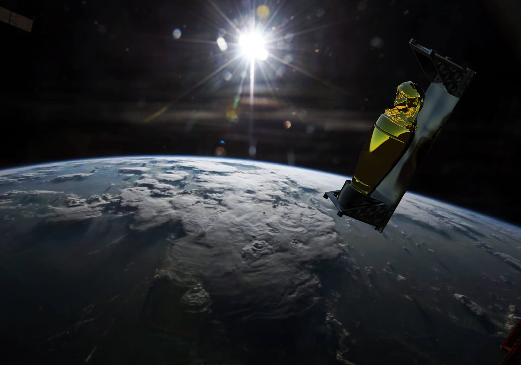 Satellite in orbit above Earth with the sun shining in the background, highlighting the planet's surface and clouds.